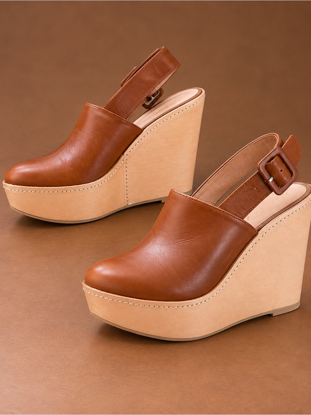 Robert Clergerie Cognac Leather Slingback Clog Wedges Platform France 35